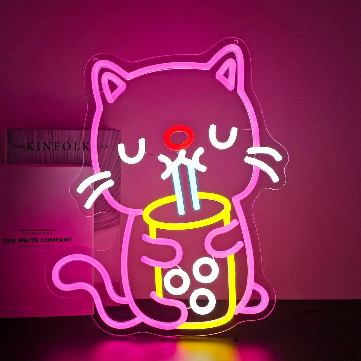 Gaming Accessories Shop - Katzen-Boba-Tee-Neonschild USB Dimmbare LED-Leuchten für Schlafzimmer,